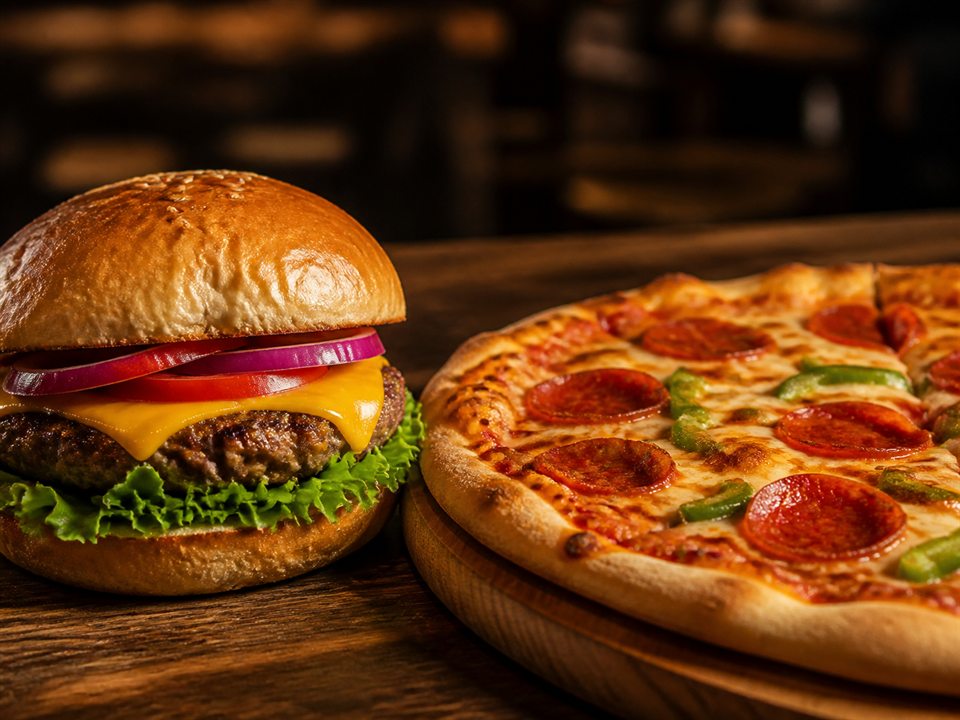 Hamburguesa y pizza recién preparadas